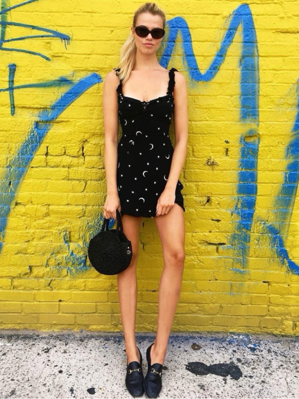 Rare Reformation Armadillo Mini Dress in Estrella Star Moon Print Black Size: 2